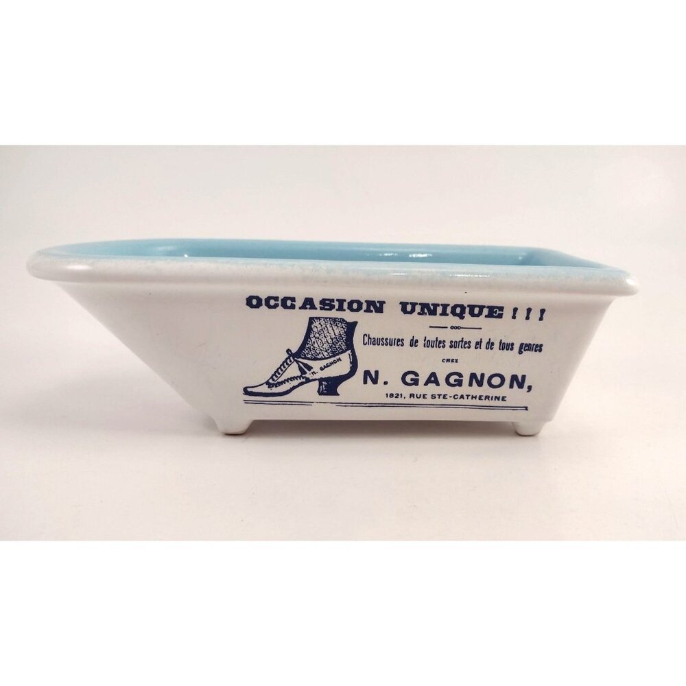 Vintage White & Blue Ceramic Bath Tub Soap Dish Vtg Advertising Print Heavy